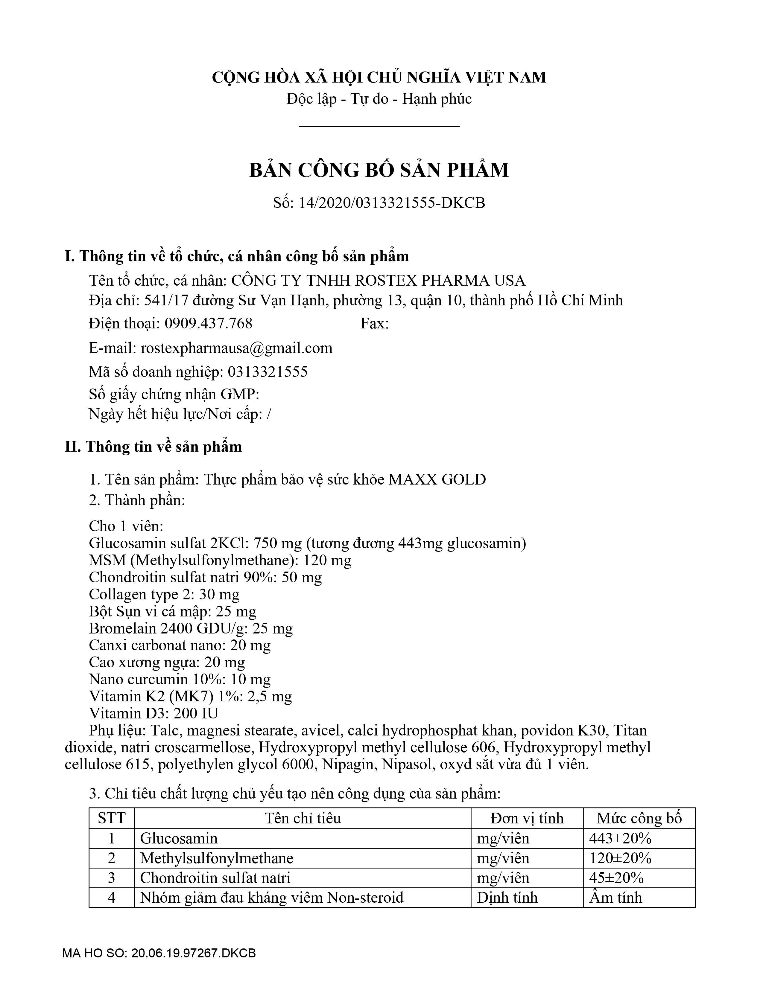 Maxx Gold (Chondroitin, Glucosamin) HD Pharma (H/60v) (Vàng)