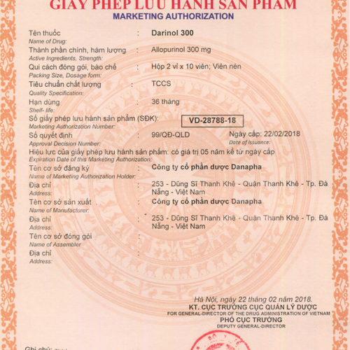 Darinol 300 (Allopurinol) Danapha (H/20v)