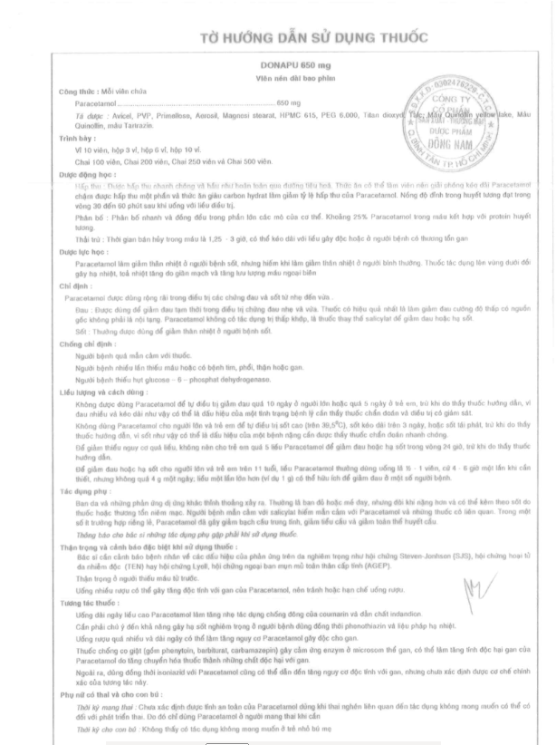 Donapu (Paracetamol) 650mg Đông Nam (H/100v)