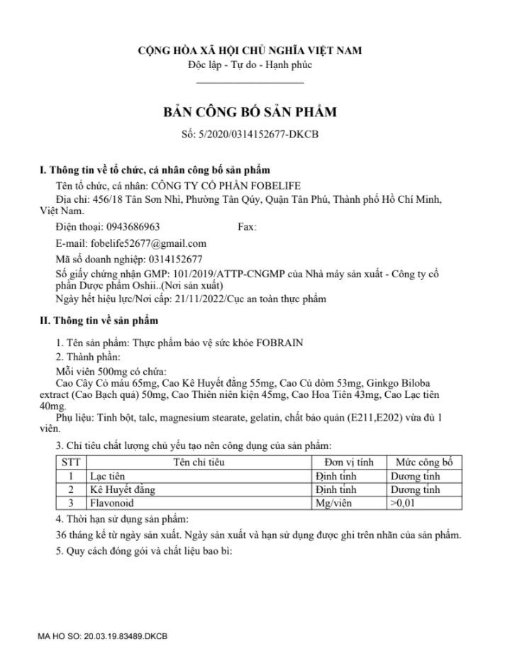 Fobrain Tăng Cường Tuần Hoàn Máu Não Fobelife (H/20v)