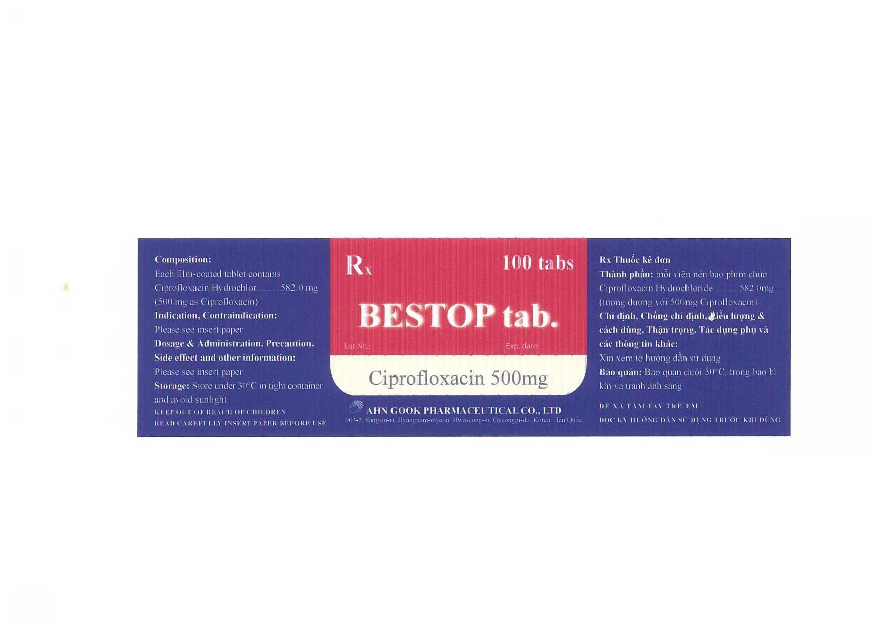 Bestop (Ciprofloxacin) 500mg AHN Gook (H/100v)