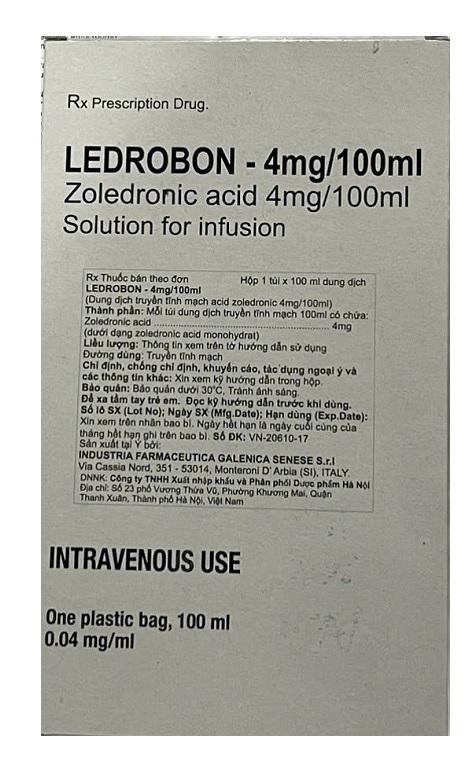 Ledrobon - 4mg/100ml (Zoledronic acid) Industria Iltaly (H/1 Tui x 100ml) 