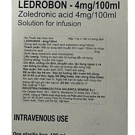 Ledrobon - 4mg/100ml (Zoledronic acid) Industria Iltaly (H/1 Tui x 100ml) 